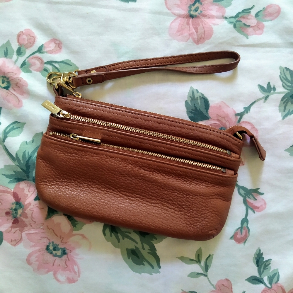 Danier Tan Brown Leather Wristlet Clutch
